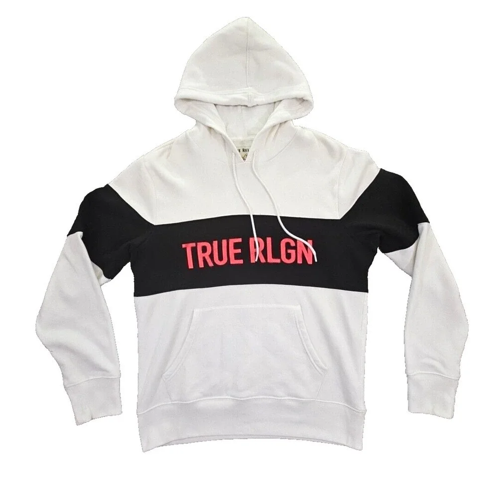 True Religion Men's Pullover Colorblock Hoodie Sweatshirt White‎ Black 103140 LG